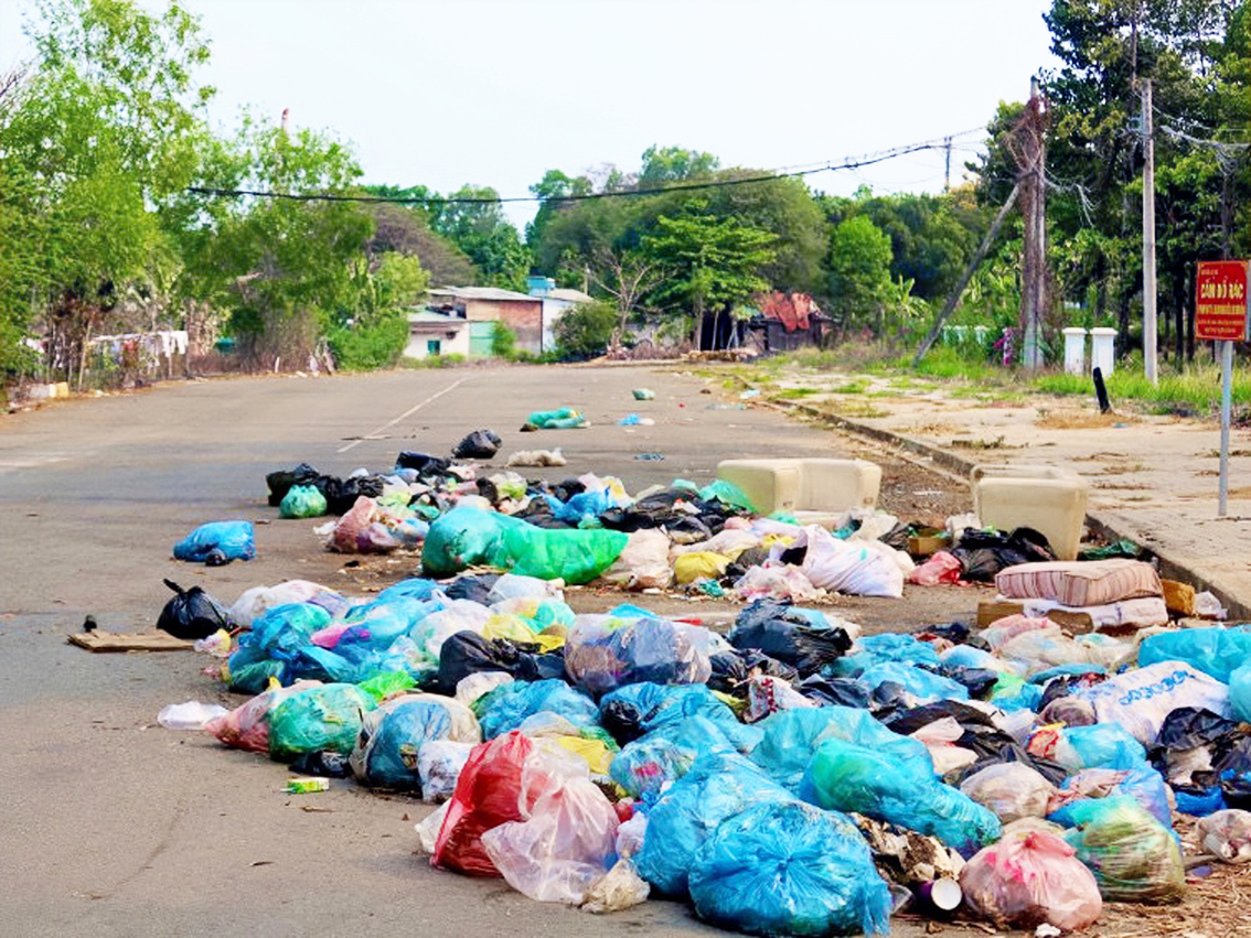 Một đống rác dưới lòng đường trong khuôn viên Đại học Quốc gia TPHCM