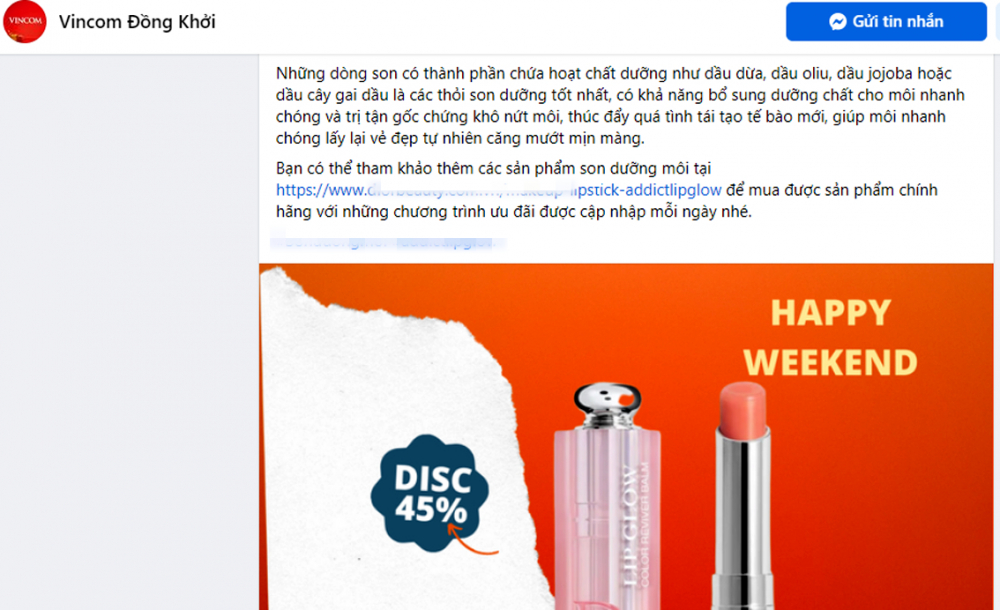 Fanpage Vincom Đồng Khởi - một trang Facebook mạo danh - quảng cáo giảm giá son dưỡng môi Dior 45% và dẫn dụ khách đến các trang web lạ để mua hàng