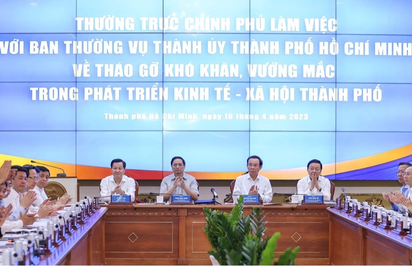 Buôi làm việc của Thủ tướng Phạm Minh Chính với Ban thường vụ Thành uỷ TPHCM (Ảnh: VGP)