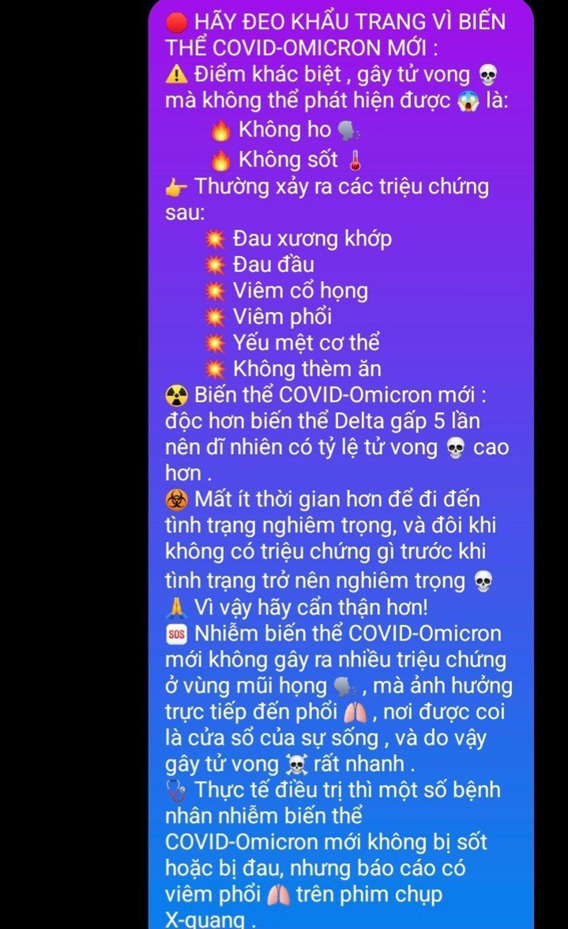 Tin nhắn giả được lan truyền trên mạng xã hội cho rằng Việt Nam đã có chủng vi rút mới độc lực cao, gây tử vong nhanh