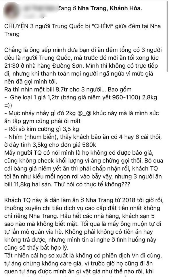 TP Nha Trang đã nhắc nhở người tố nhà hàng chặt chém không đúng sự thậ