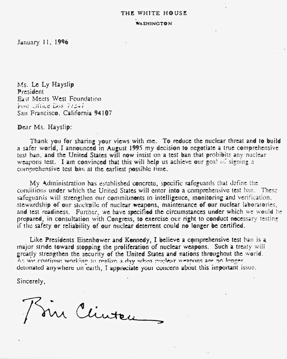 Lá thư Tổng thống Mỹ Bill Clinton gửi Lệ Lý năm 1996