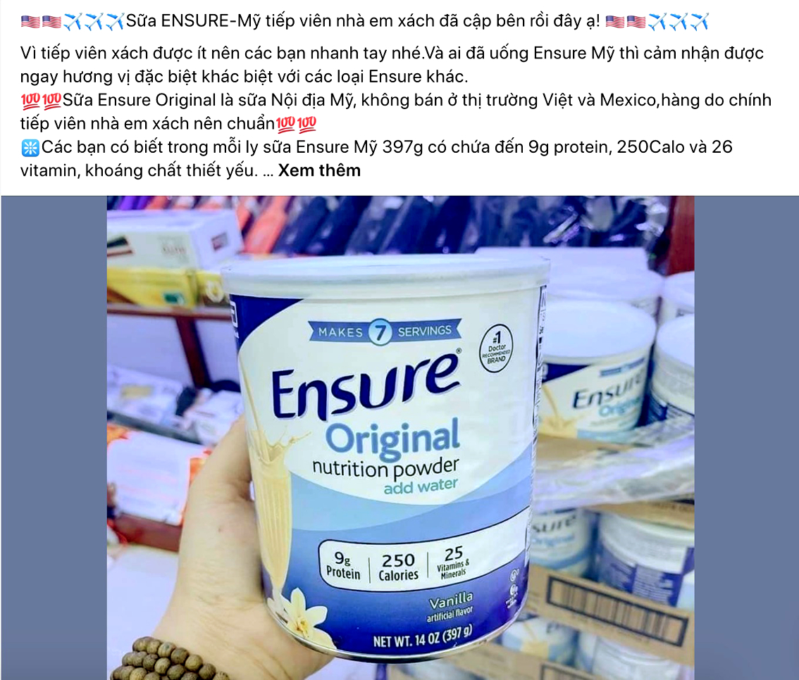 Sữa Ensure Original nội địa Mỹ ghi nhãn “không bán ở Việt Nam và Mexico” vẫn đang bán ở các cửa hàng  và trên các sàn thương mại điện tử, mạng xã hội và được nhiều người tiêu dùng ưa chuộng