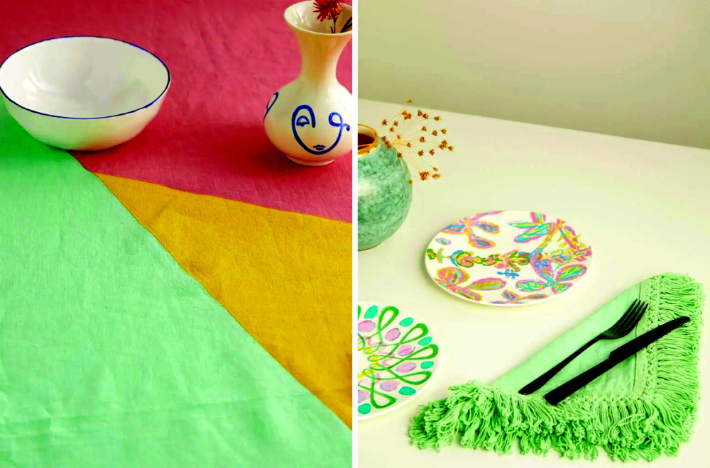 Một bộ phụ kiện gồm khăn trải bàn và khăn ăn với sắc màu tươi sáng của Once Milano ẢNH: ONCEMILANO