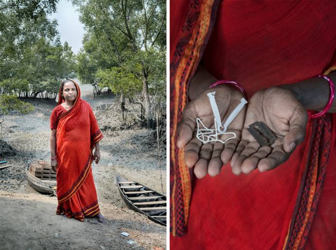 Shefali Bibi (ảnh trái), 45 tuổi, là một trong các nữ hộ sinh giàu kinh nghiệm nhất trong làng Kolibari, đã tận mắt chứng kiến tình trạng xâm nhập mặn và suy dinh dưỡng gây nguy hiểm cho phụ nữ mang thai trong cộng đồng của bà như thế nào. Bà Bibi luôn mang theo bộ dụng cụ hỗ trợ sinh sản (ảnh phải) khi đến chăm sóc phụ nữ trong vùng, 94 người trong 5 năm qua – Ảnh: NBC