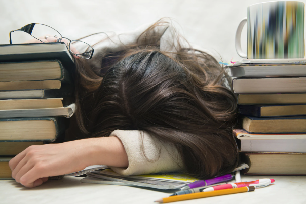Một học sinh mệt mỏi làm bài tập ngủ thiếp đi. Ảnh: Shutterstock