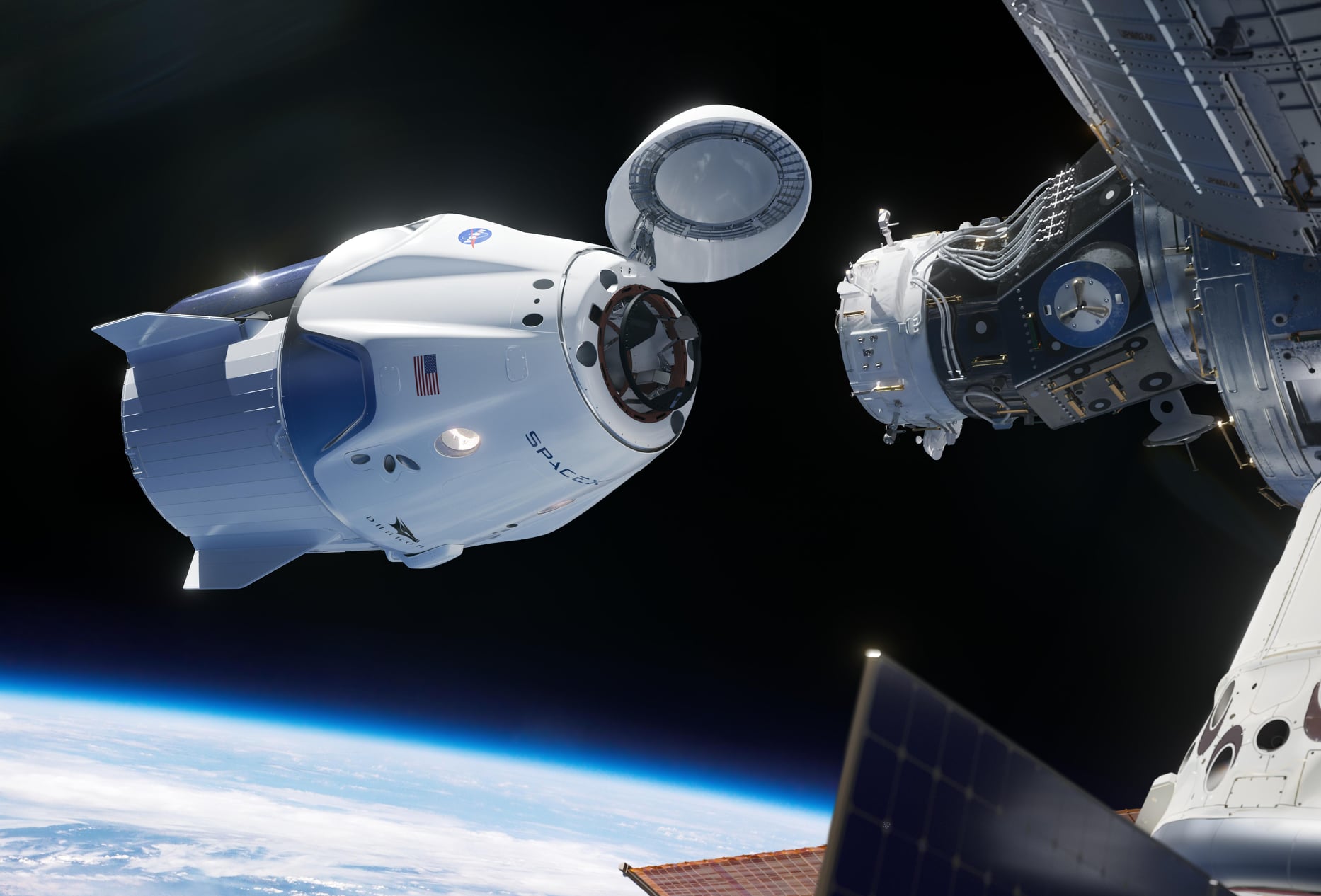Tàu vũ trụ Crew Dragon đang tiếp cận phía trước mô-đun Harmony của ISS. Nguồn: NASA