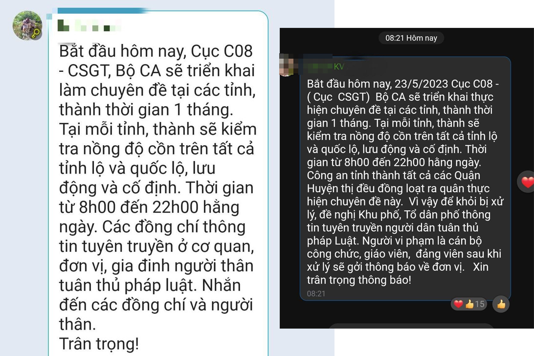 Nhiều group tin nhắn truyền nhau nội dung về C08 sẽ kiểm tra nồng độ cồn trong thời gian tới