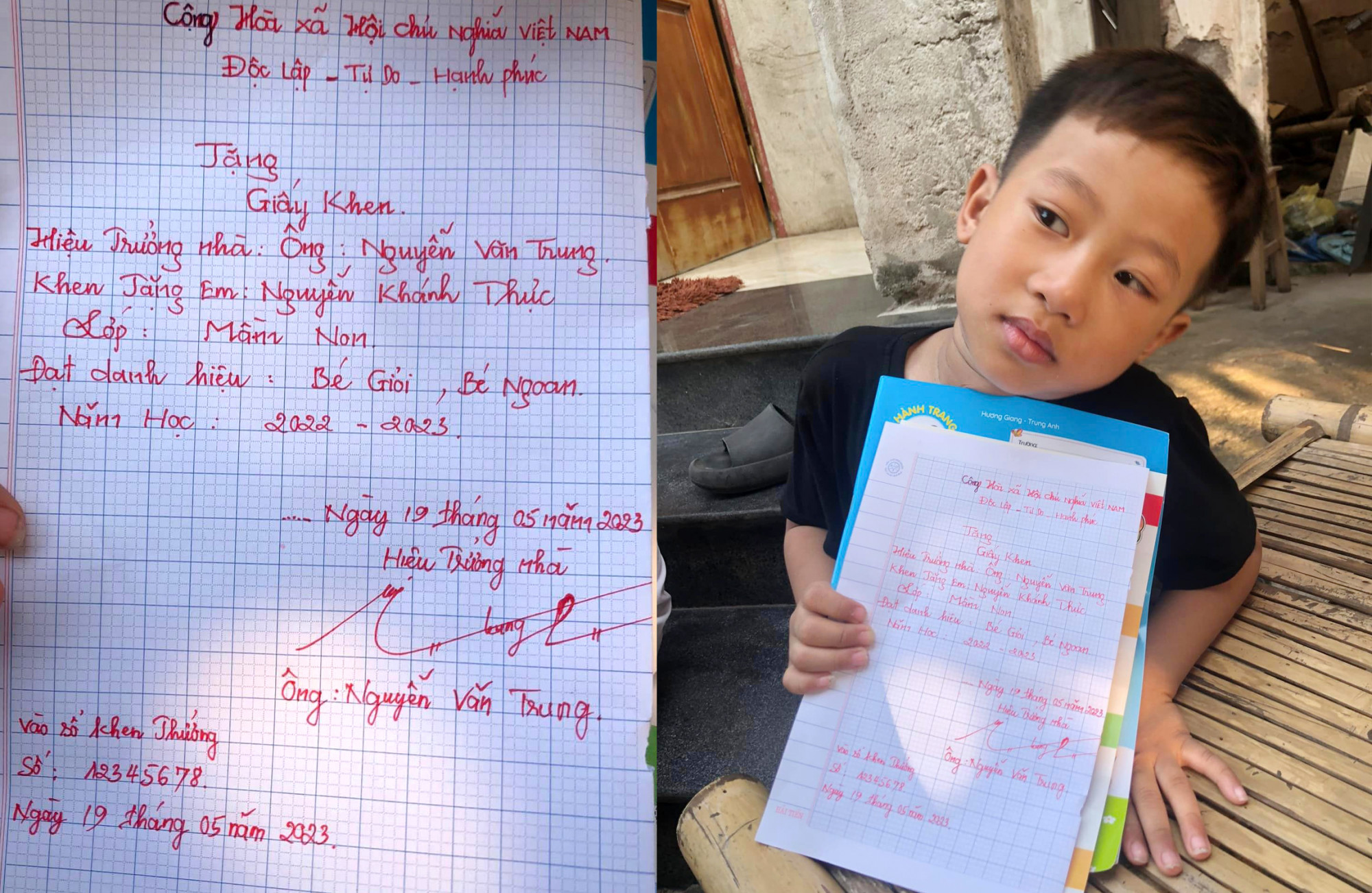 Cậu bé 5 tuổi khoe tờ giấy khen đặc biệt do người cha tặng - Ảnh: Nguyễn Trung