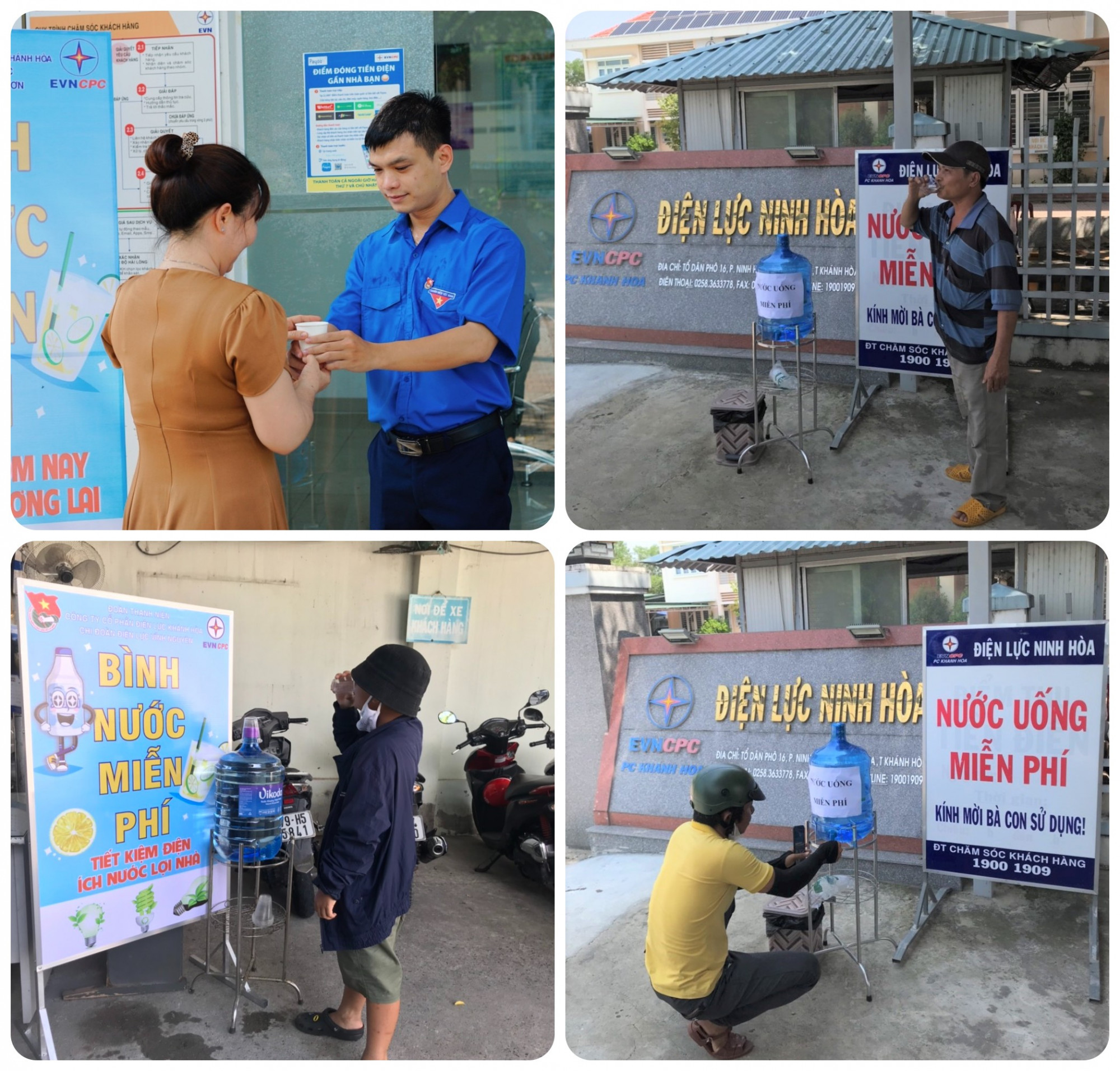 Nhiều người dân, khách hàng dừng chân uống ngụm nước mát được đặt bên ngoài trụ sở các đơn vị điện lực - Ảnh: PC Khánh Hòa