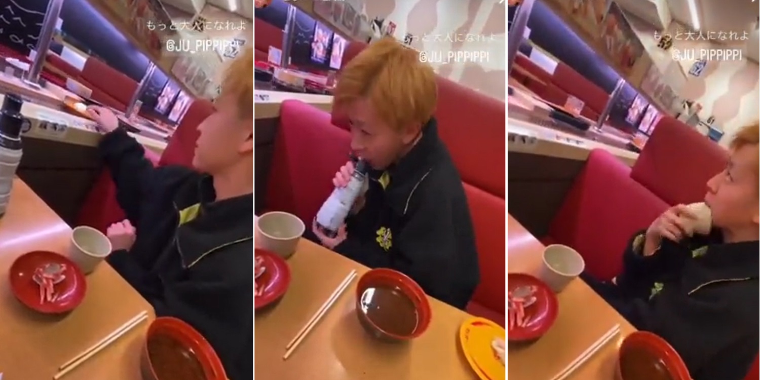 Hình ảnh cậu bé liếm chai nước tương, tách trà và bôi nước bọt lên đĩa sushi được lan truyền trên mạng