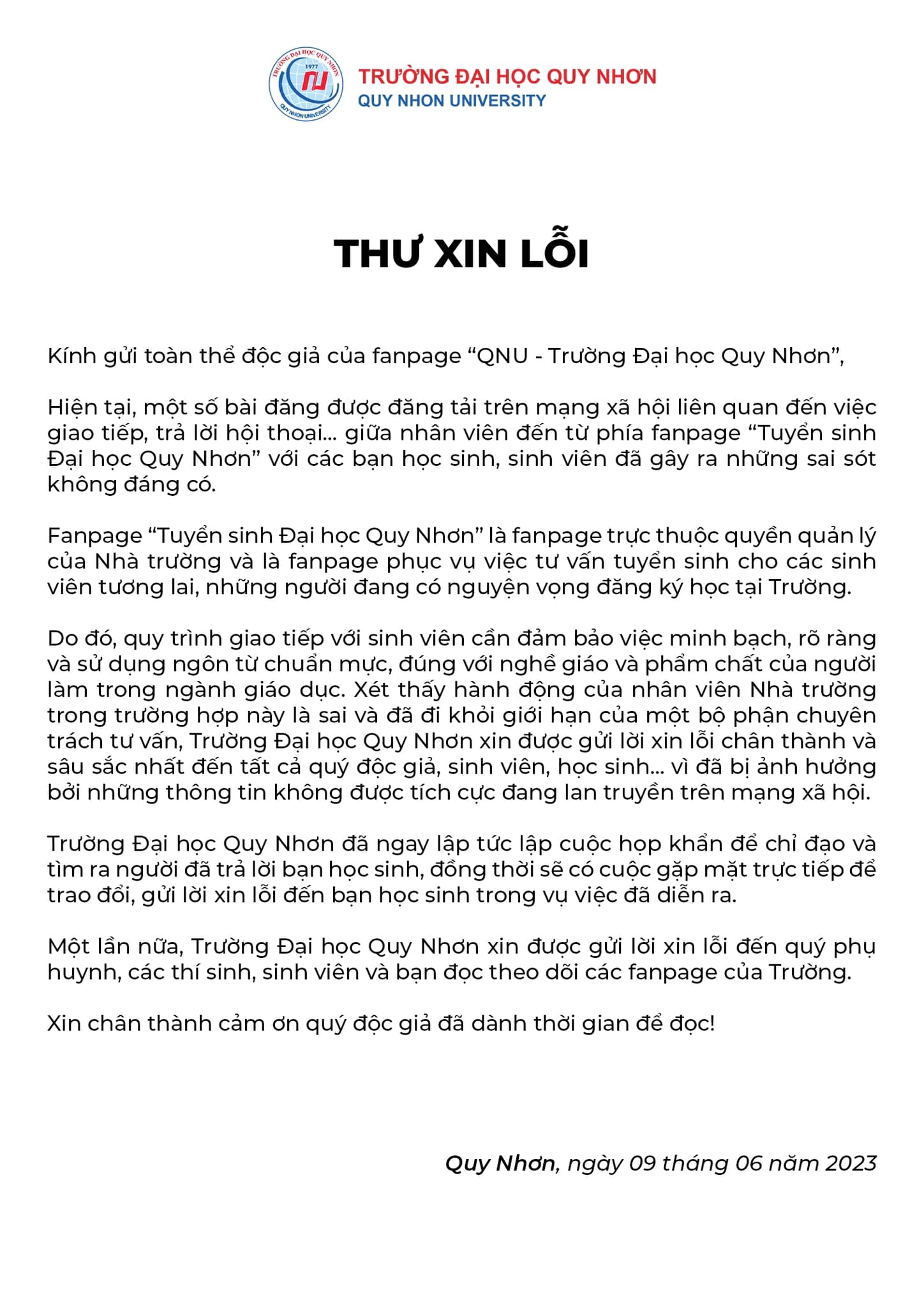 Thư xin lỗi được đăng tải ngày 9/6