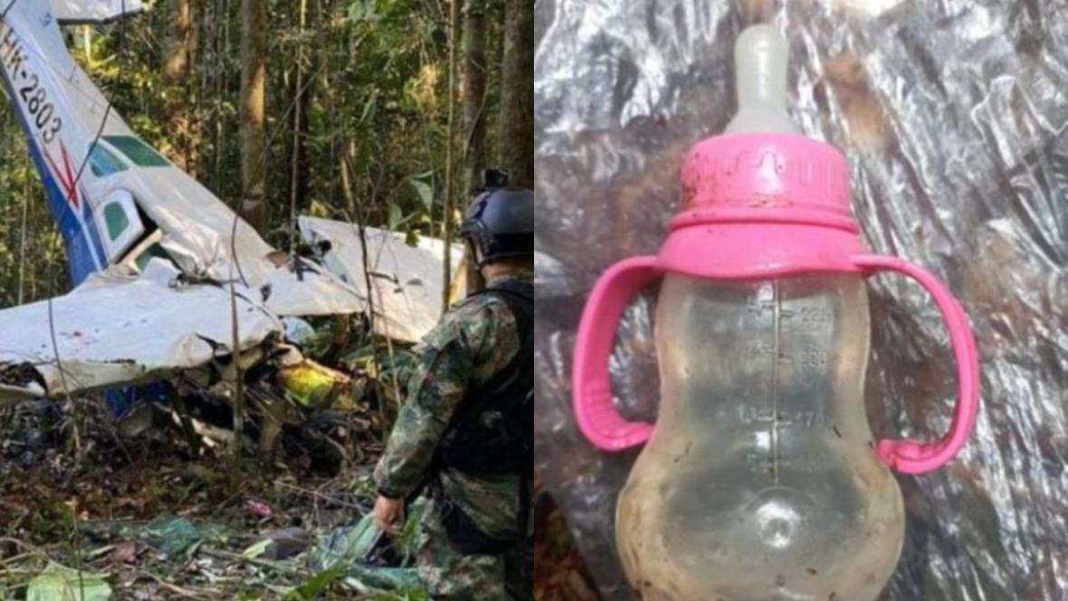 Hiện trường chiếc máy bay gặp nạn hôm 1/5 (ảnh trái) và bình sữa do nhóm giải cứu tìm thấy trong quá trình tìm kiếm nhóm trẻ lạc trong rừng rậm - Ảnh: El Heraldo