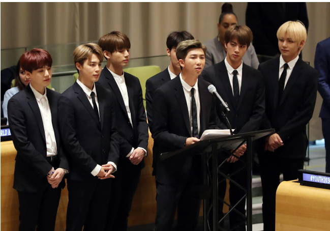BTS phát biểu tại Liên hiệp quốc ở New York, tháng 8/2018.