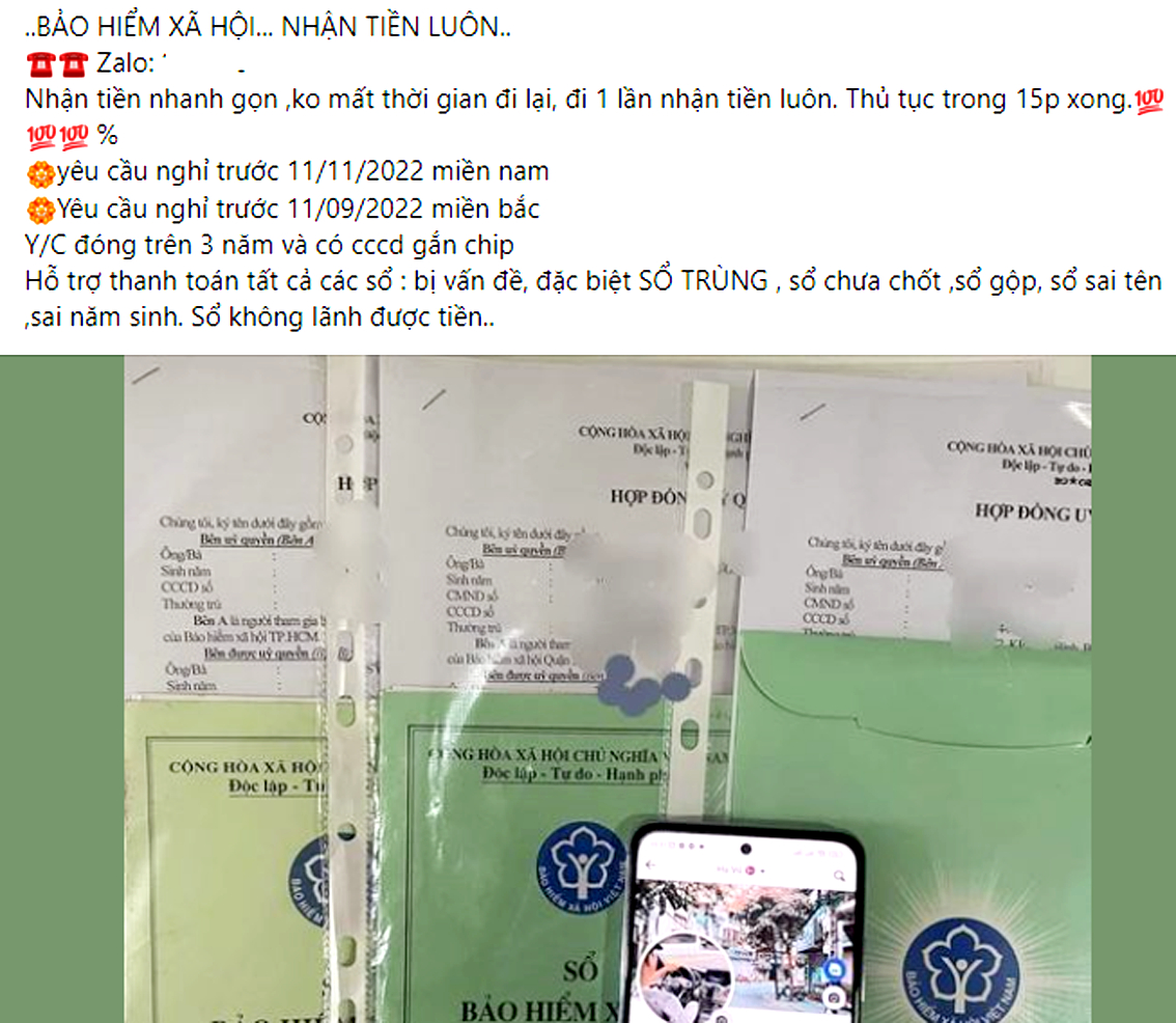 Trên mạng xã hội Facebook, nhiều đầu nậu rao thu mua sổ bảo hiểm xã hội giá cao nhưng thực tế chỉ mua với mức khoảng 50% giá trị sổ trở xuống