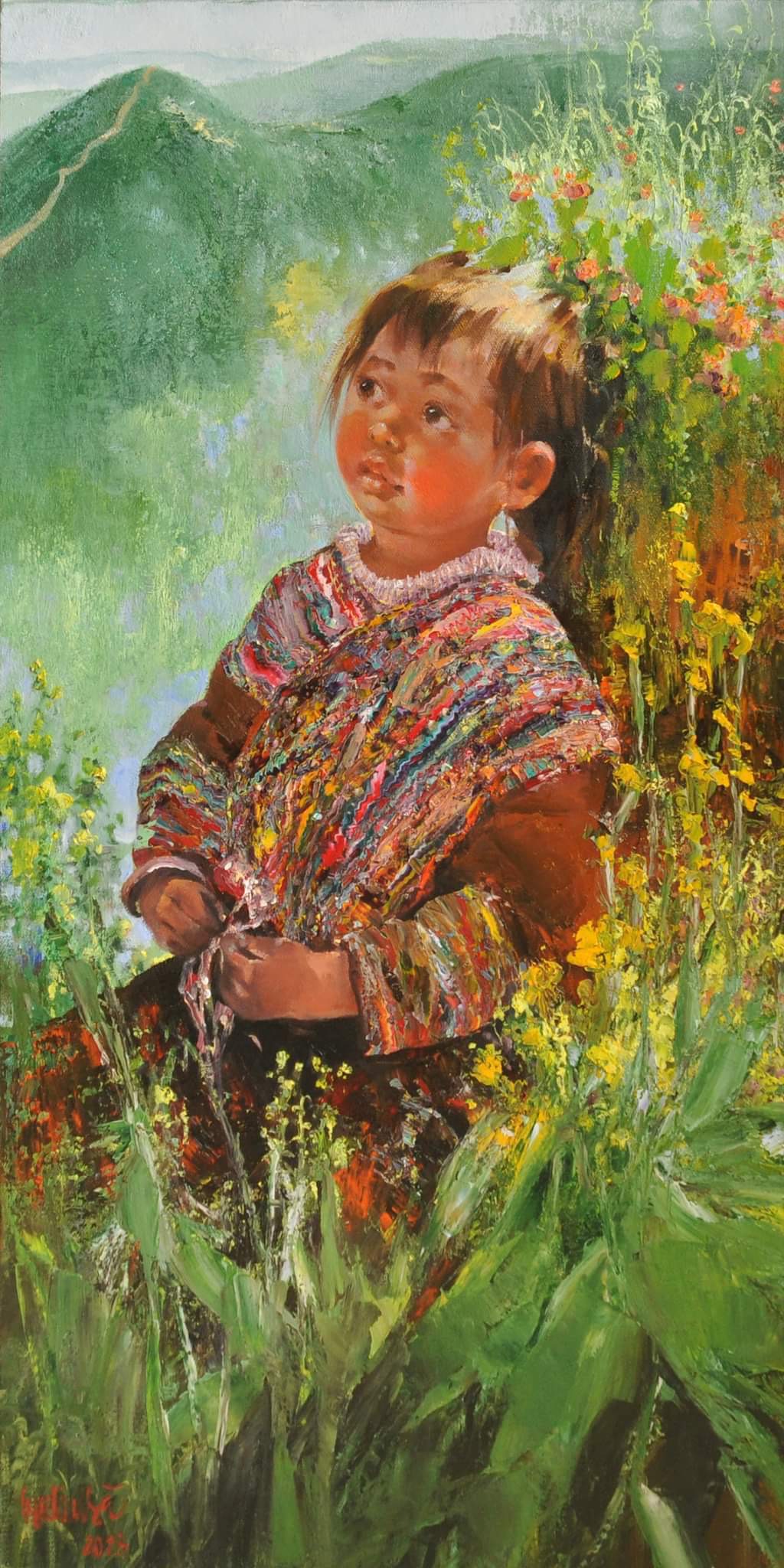 Họa sĩ Ngụy Đình Hà tham gia với một bức tranh chân dung em bé mang tên Đường về nhà vẽ chân dung em bé vùng cao với bảng màu tương phản rực rỡ. 