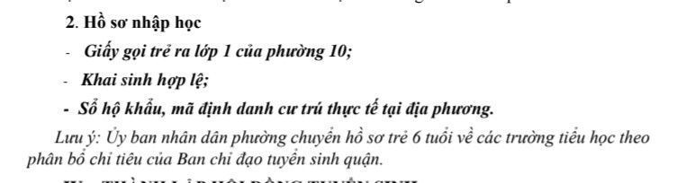 Thông báo hồ sơ nhập học của Trường Tiểu học Phú Thọ Hoà (quận Tân Bình)