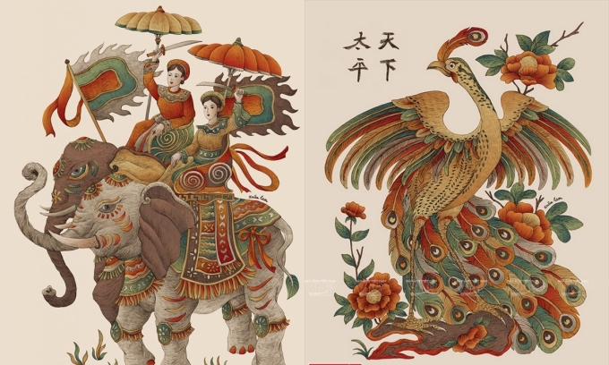 Tranh Hai Bà Trưng (trái) và Thiên hạ thái bình (phải) của hoạ sĩ Xuân Lam