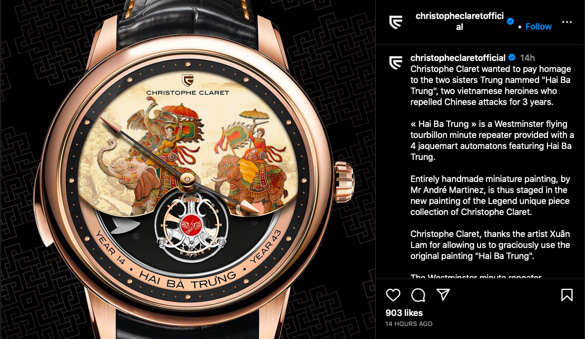 Bài đăng mới nhất của hãng đồng hồ Christophe Claret, nhắc đến hoạ sĩ Xuân Lam là tác giả của hình ảnh được sử dụng trên đồng hồ