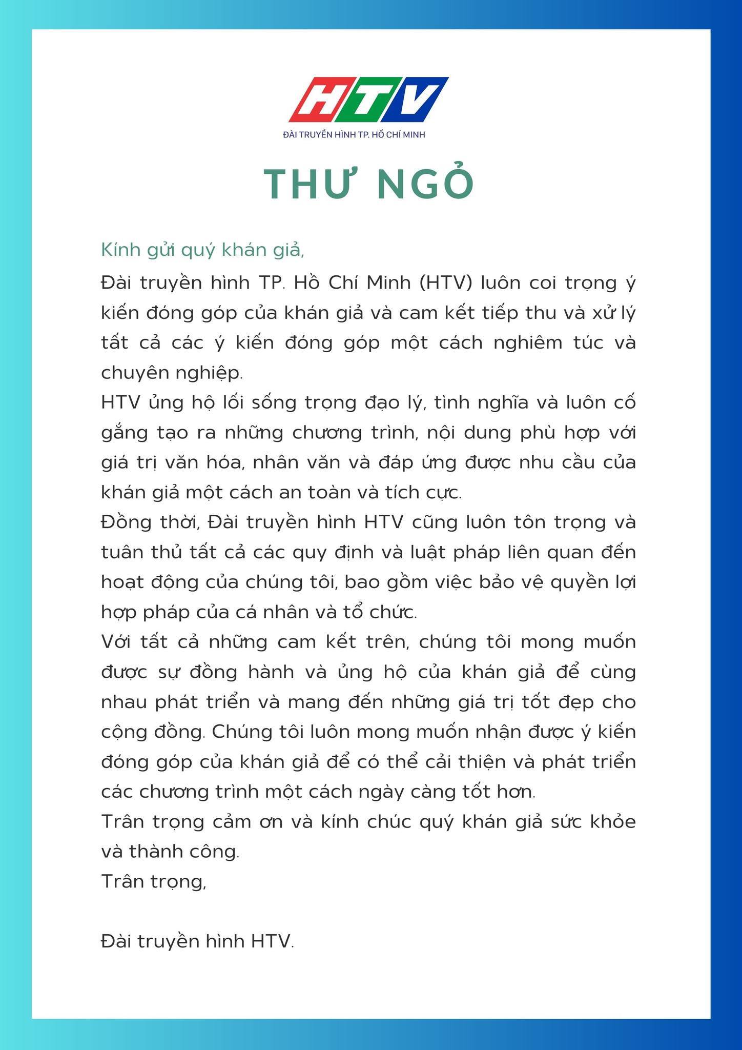 Thư ngỏ được đài HTV đăng trên fanpage