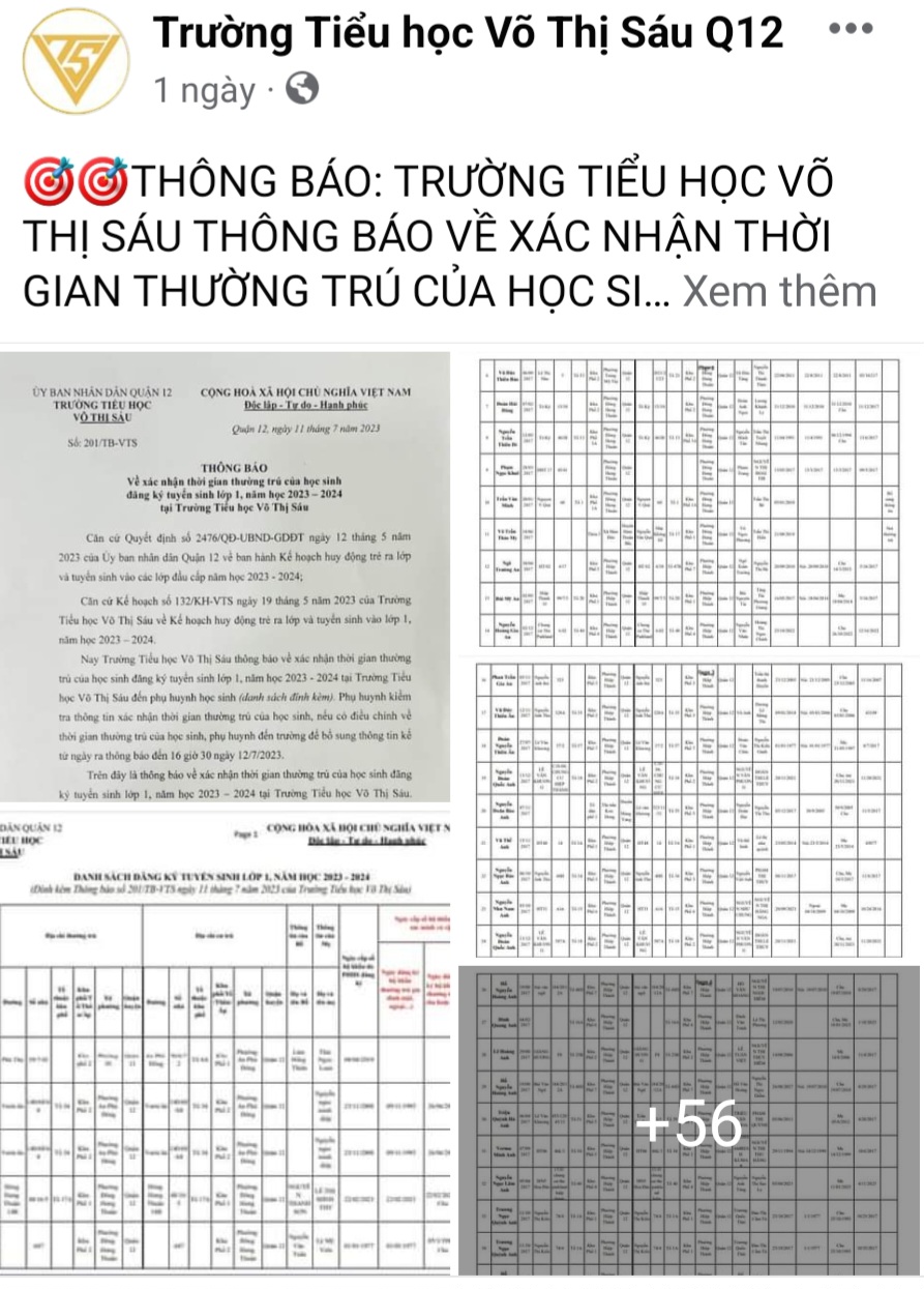 Dữ liệu học sinh được Trường tiểu học Võ Thị Sáu (quận 12) công khai chi tiết trên mạng xã hội