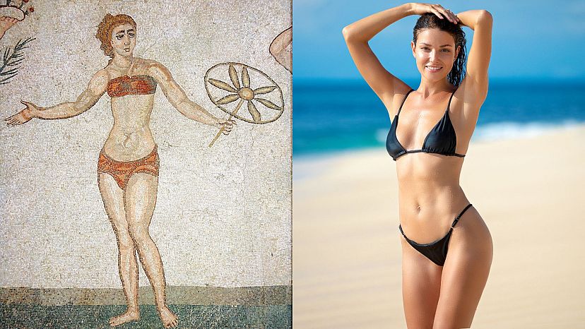 Một trong những hình ảnh được biết đến sớm nhất về bikini, từ Biệt thự La Mã cổ đại Romana del Casale (L); bộ bikini hiện đại (R)