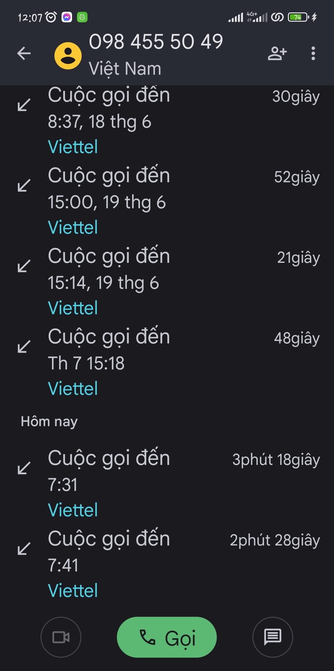Theo nhật ký điện thoại của khách hàng, nhân viên GHN chỉ gọi 1 lần vào chiều 15/7 (Ảnh chụp màn hình nhật ký điện thoại trên máy ông Thành Nhân)