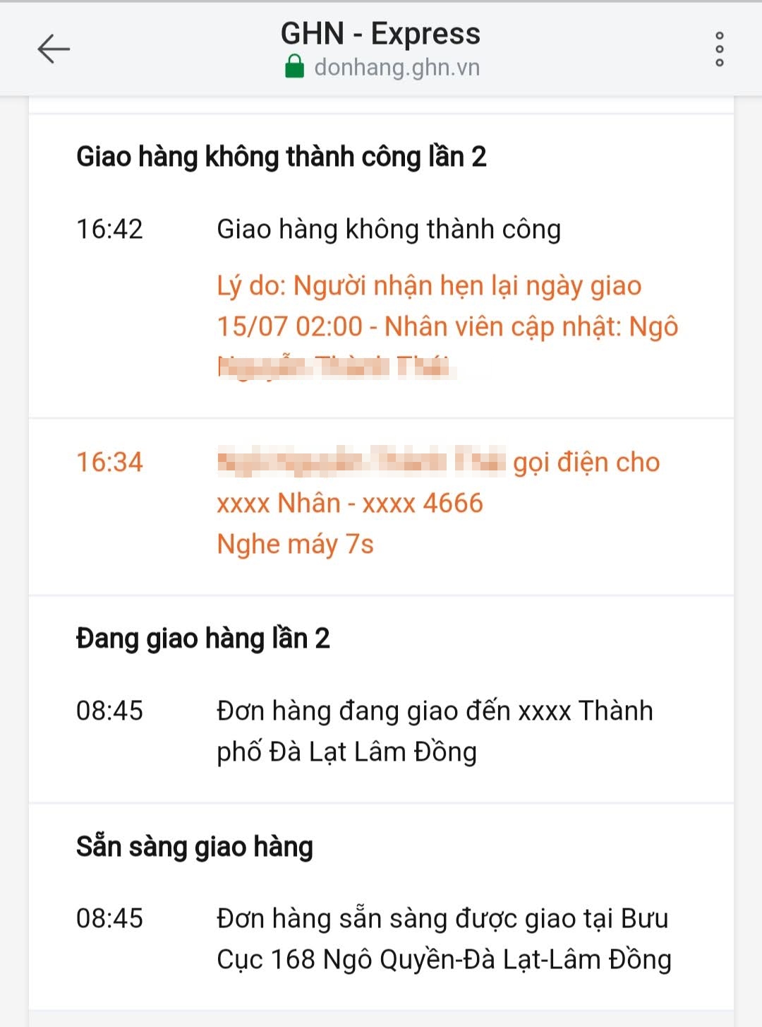 Vẫn không gọi khách, nhân viên GHN tự ghi nhận đã gọi trong 7 giây và khách hàng hẹn lại ngày giao (Ảnh chụp màn hình tra cứu vận đơn của GHN)