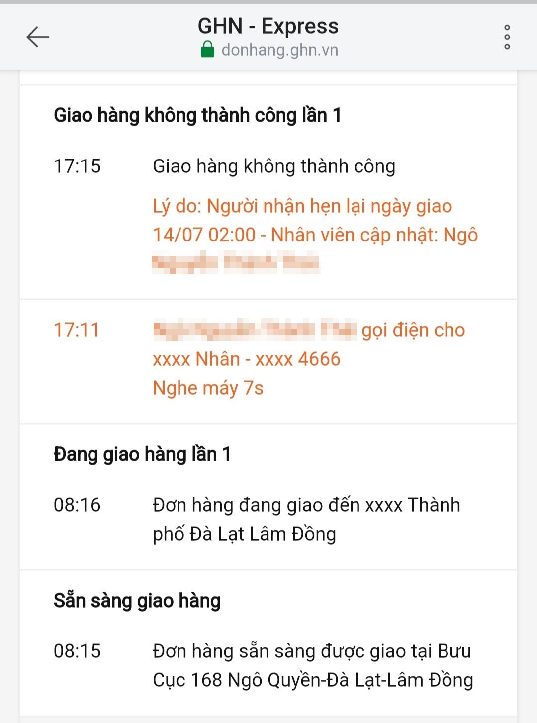 Không gọi khách, nhân viên GHN tự ghi nhận đã gọi trong 7 giây và khách hàng hẹn lại ngày giao (Ảnh chụp màn hình tra cứu vận đơn của GHN)