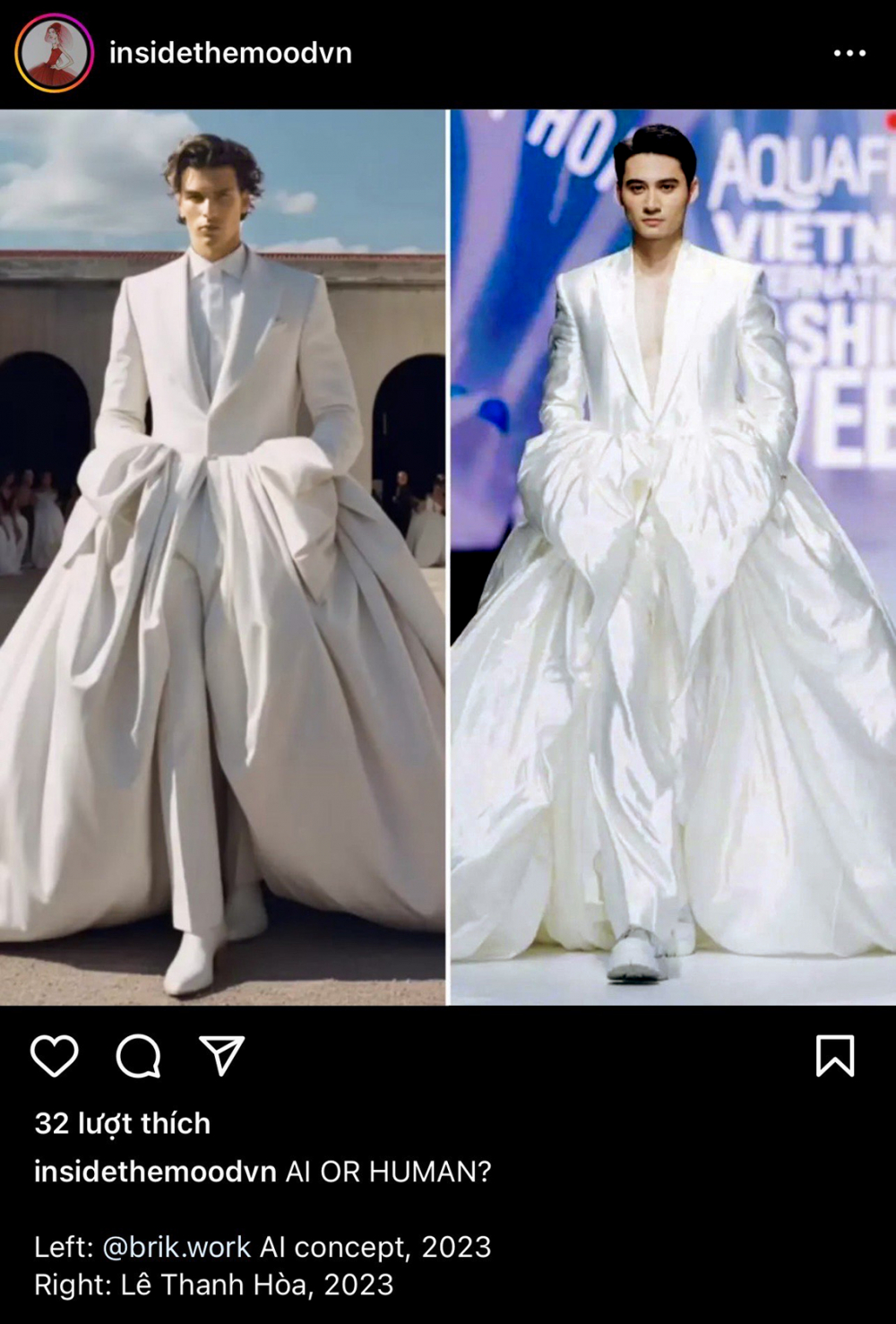 Trang Insidethemoodvn so sánh mẫu thiết kế của Lê Thanh Hòa (phải) trong bộ sưu tập Hoa trên sóng nước (tháng 7/2023) và ý tưởng trong bộ sưu tập trang phục cưới cho nam của thương hiệu Brik Studio, phát triển bằng công nghệ AI (giới thiệu hồi tháng 6/2023)