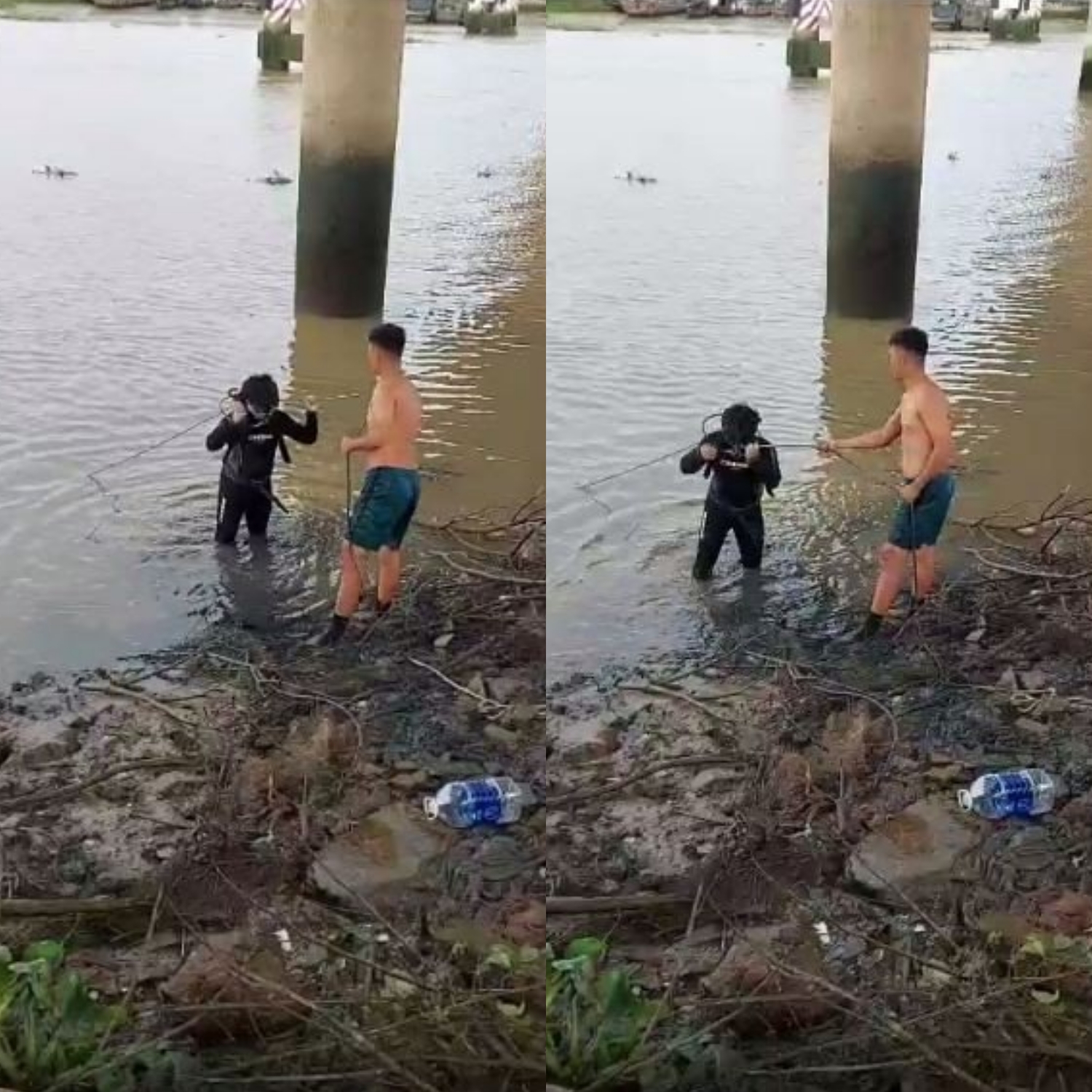 Cảnh sát ngụp lặn dưới sông tìm 2 trẻ em.