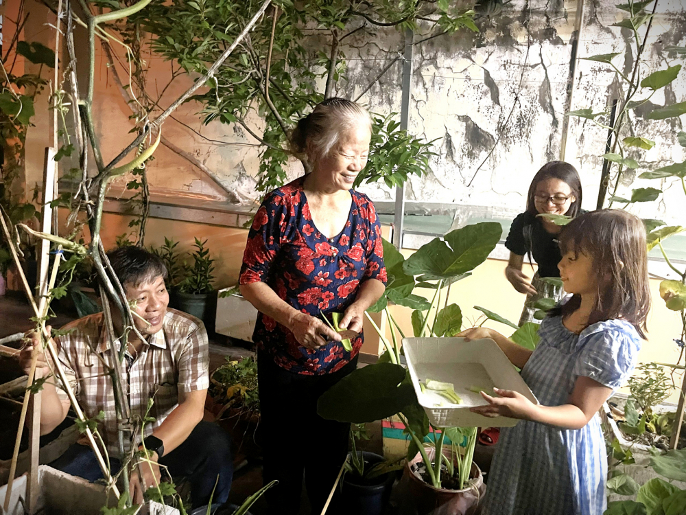 Bà Ứng Thị Doanh và gia đình anh Trung Dũng chăm sóc khu vườn mini trên sân thượng