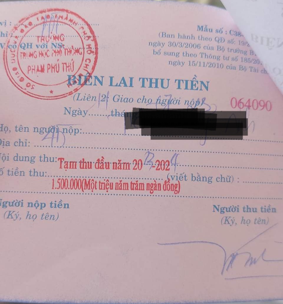 Số tiền 1.500.000 đồng tạm thu của học sinh khối 10 đã được Trường THPT Phạm Phú Thứ hoàn trả cho phụ huynh