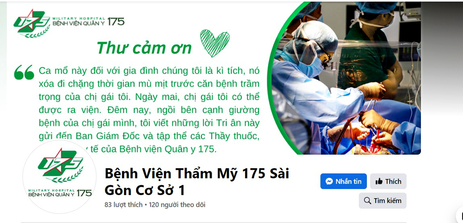 Tài khoản Facebook của cơ sở có tên Bệnh viện Thẩm  mỹ 175 Sài Gòn cơ sở 1 đăng thông tin, hình ảnh của  bác sĩ Bệnh viện Quân y 175 gây nhầm lẫn cho khách  hàng - Ảnh chụp màn hình