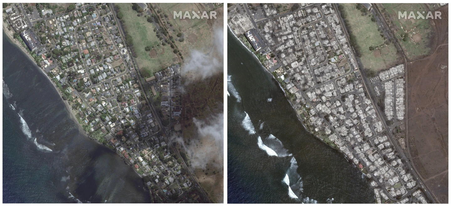 Ảnh chụp từ vệ tinh cho thấy sự khác biệt trong quang cảnh một góc thị trấn Lahaina vào ngày 25/6/2023 (trái) và ngày 9/8/2023 - Ảnh: AP