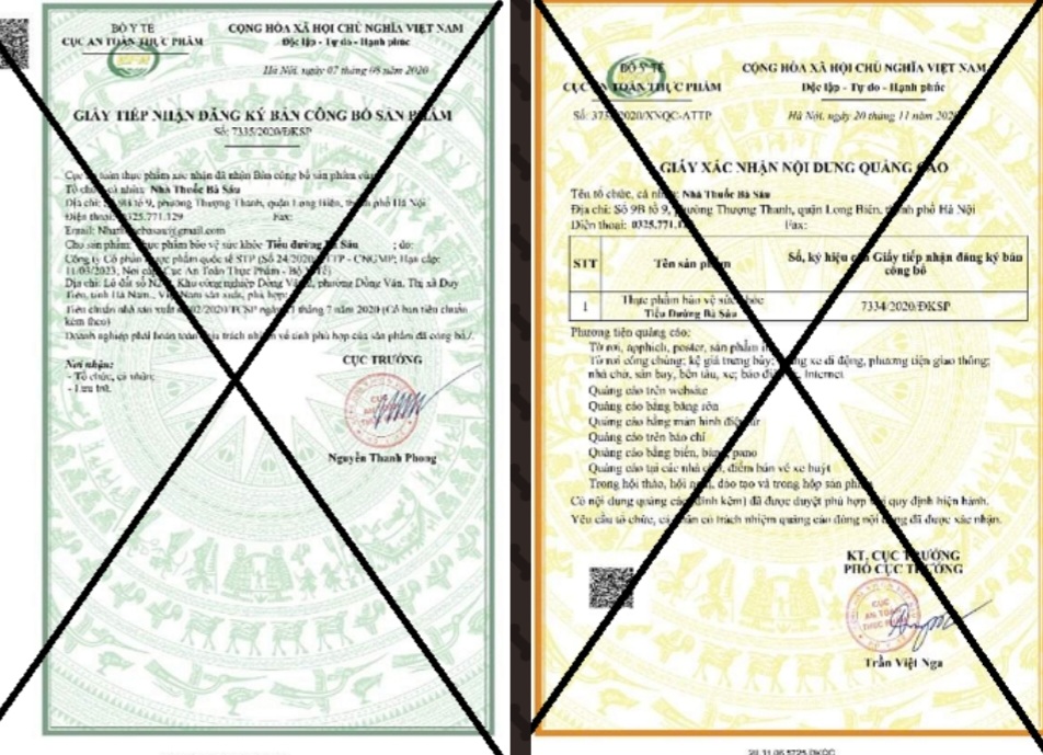 Hình ảnh giấy chứng nhận giả của Bộ Y tế cho sản phẩm Tiểu đường Bà Sáu