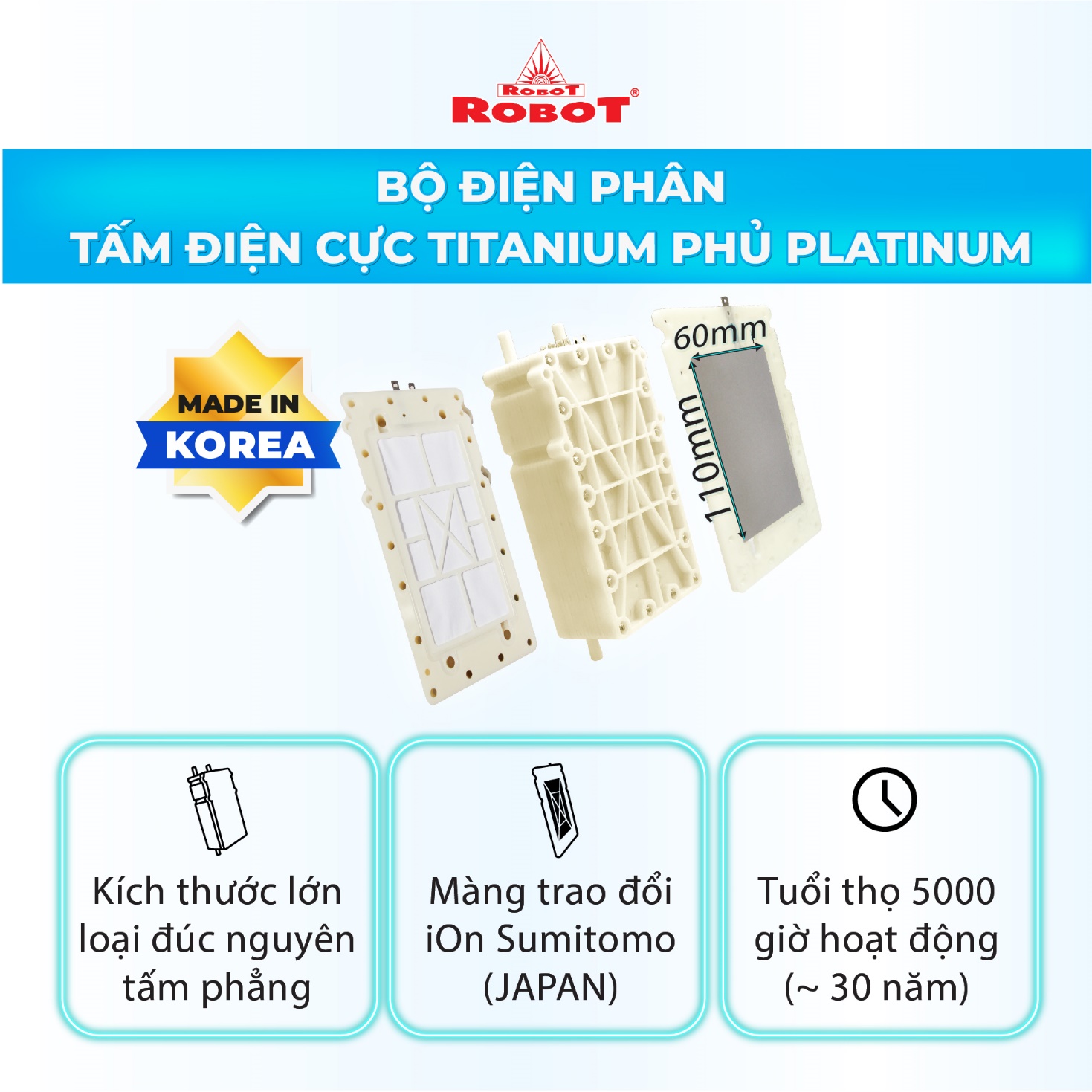 Bộ điện phân Titanium phủ Platinum sản xuất Hàn Quốc là trái tim của máy lọc nước ion kiềm