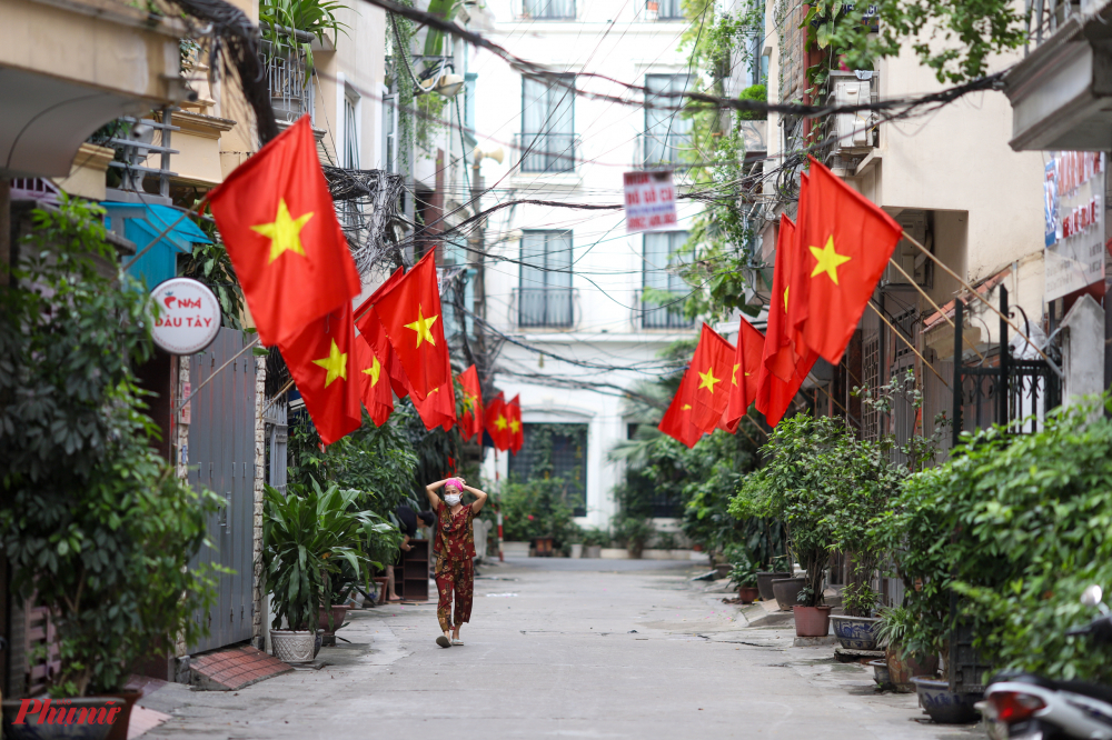 Con đường phủ ngợp cờ Tổ quốc ở một con ngõ trên phố Nguyễn Ngọc Nại (Thanh Xuân, Hà Nội).