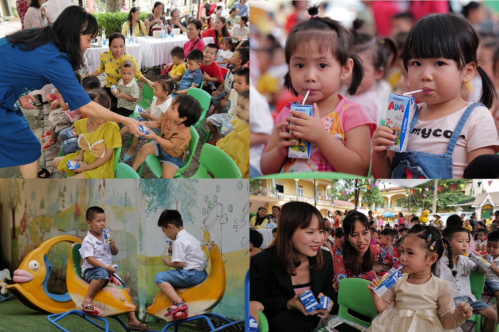 Các bé Trường mầm non Cao Thành háo hức đón nhận những hộp sữa trong Ngày hội đến trường - Ảnh: Vinamilk