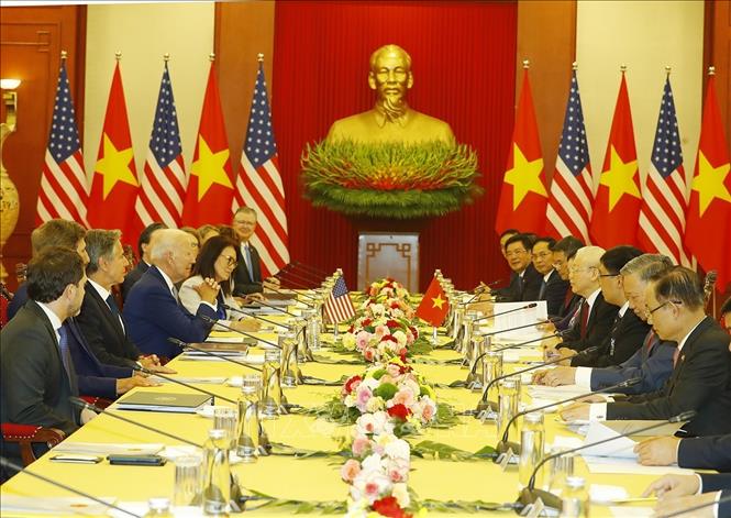 Tổng Bí thư Nguyễn Phú Trọng hội đàm với Tổng thống Hoa Kỳ Joe Biden. Ảnh: Trí Dũng/TTXVN