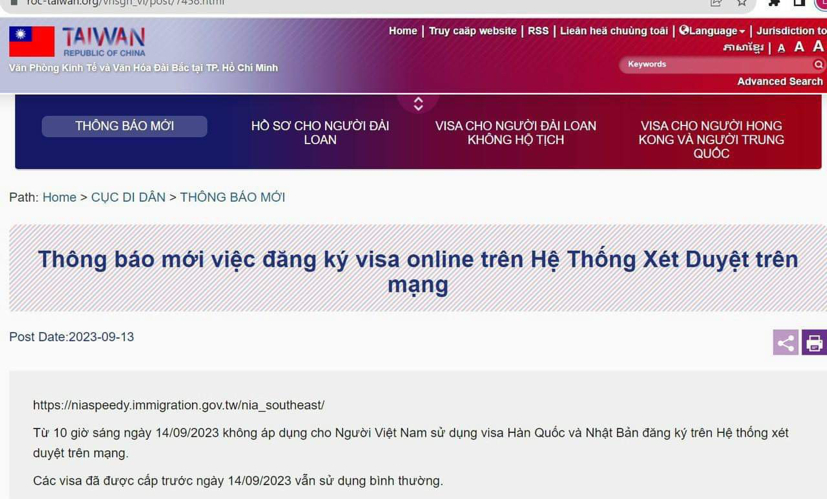 Thông báo mới nhất về việc đăng ký visa nhập cảnh vào Đài Loan. Ảnh: chụp màn hình