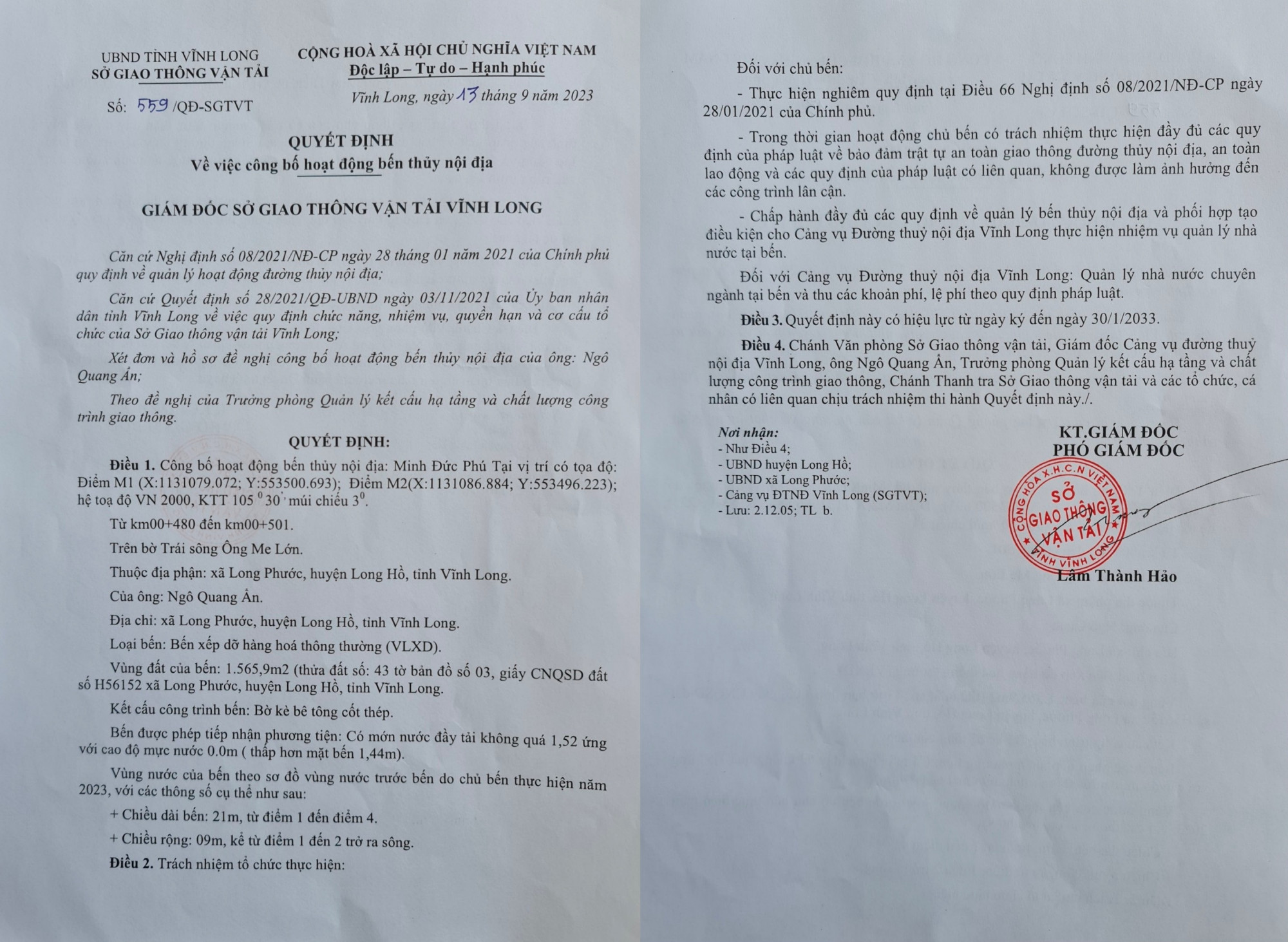 Ông Lâm Thành Hảo - Phó Giám đốc Sở Giao thông vận tải tỉnh Vĩnh Long ký quyết định công bố hoạt động bến thủy nội địa cho Công ty Minh Đức Phú chỉ sau 2 ngày Báo Phụ nữ TPHCM phản ánh 