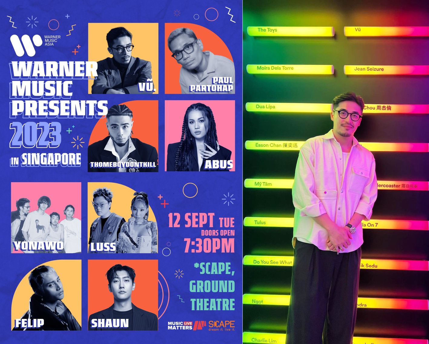 Ca sĩ Vũ (ảnh phải) tại trụ sở của Spotify châu Á ở Singapore và góp mặt ở nhạc hội Music Matters Live 2023: Warner Music Presents showcase vừa qua (ảnh trái)