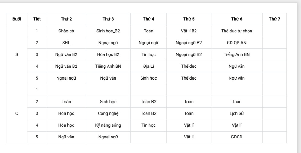 Thời khoá biểu học sinh lớp 12 Trường THPT Nguyễn Hữu Thọ (quận 4)