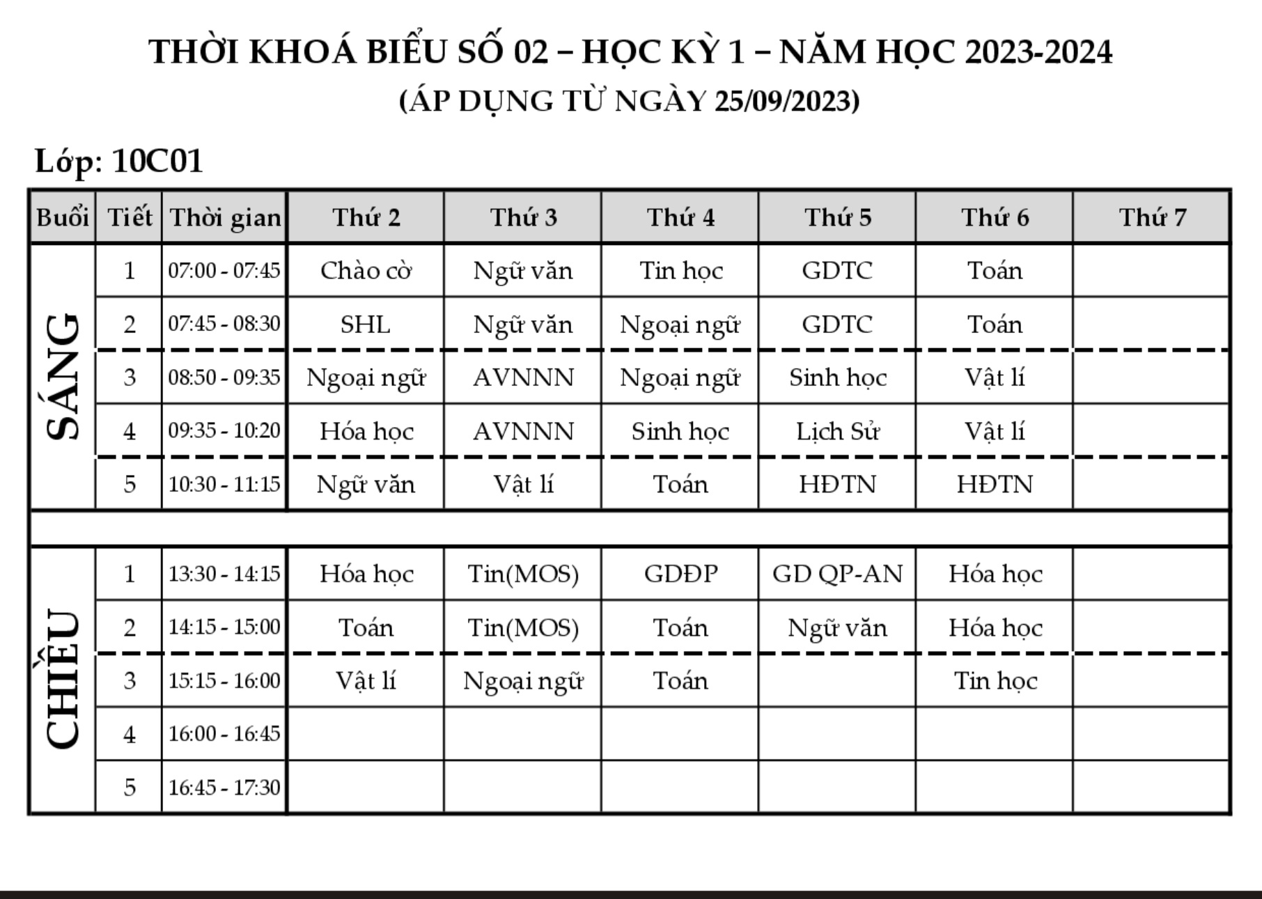 Thời khoá biểu học sinh lớp 10, Trường THPT Thanh Đa (quận Bình Thạnh)