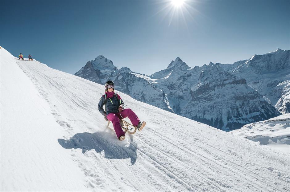 Đường trượt băng dài nhất: Big Pintenfritz, Thụy Sĩ Kể từ cuối thế kỷ 19, những người Thụy Sĩ liều lĩnh đã phóng mình từ Faulhorn tới Grindelwald Oberall bằng xe trượt băng. Được ca ngợi là đường trượt băng dài nhất thế giới, tuyến đường ngoạn mục này dài 9 dặm (15km) từ độ cao 8.792 feet (2.680m) và có thể hoàn thành trong 30 phút nếu là những người trượt tuyết chuyên nghiệp. Big Pintenfritz được đặt theo tên của nhân vật địa phương Fritz Bohren, người điều hành Khách sạn Bellevue ở Grindelwald (được gọi là Pinte) và Berghotel Faulhorn từ năm 1888 đến năm 1926. Người ta cho rằng ông đã chạy xe trượt tuyết xuống các con dốc giữa hai cơ sở này. Để thực hiện toàn bộ hành trình, bạn phải kéo xe trượt tuyết của mình từ ga cáp treo gondola đầu tiên để bắt đầu cuộc chạy trên đỉnh Faulhorn. Nó chỉ có thể truy cập bằng cách đi bộ.