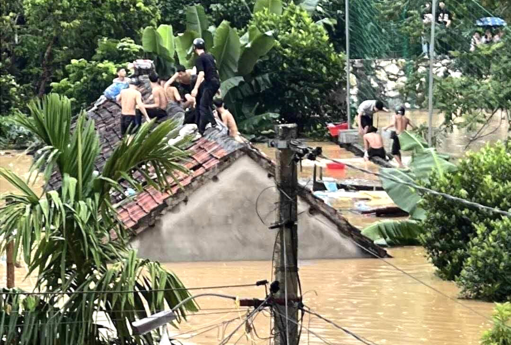 Các em học sinh phá mái ngói, leo lên nóc nhà rồi leo tường rào để thoát khỏi khu vực ngập sâu - Ảnh: Nguyễn Đạt