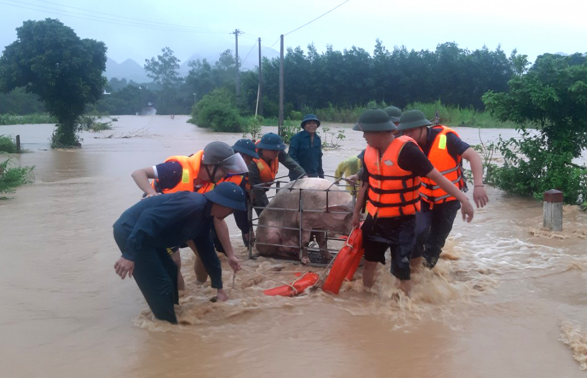 Lực lượng chức năng hỗ trợ người dân di dời tài sản - Ảnh: Huy Nhâm