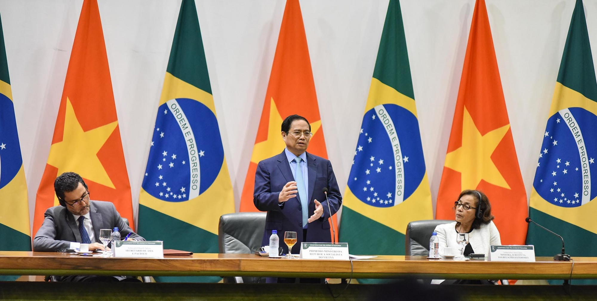 Thủ tướng Phạm Minh Chính phát biểu chính sách tại Bộ Ngoại giao Brazil. Ảnh: Bộ Ngoại giao