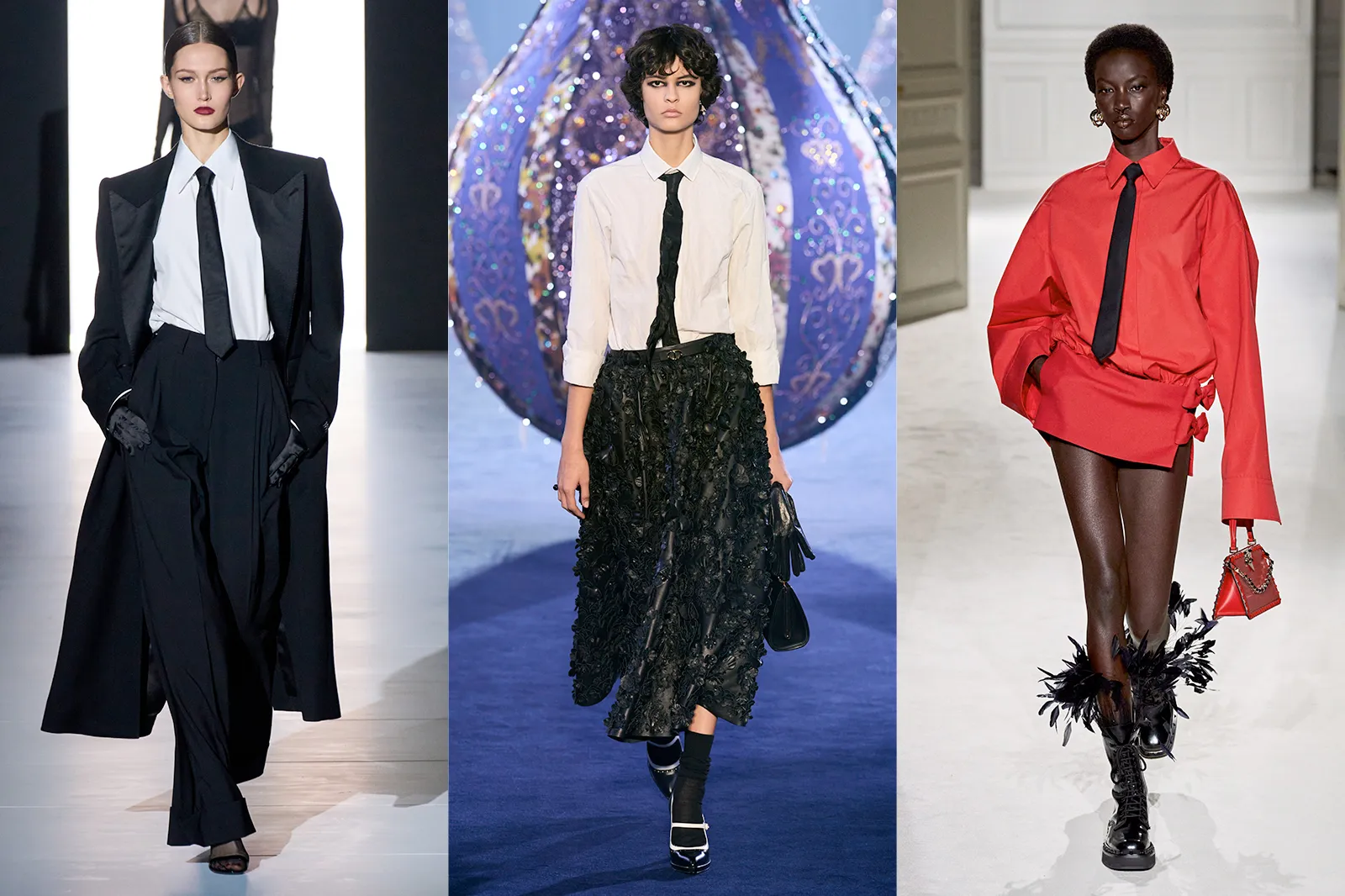 Nữ giới thắt cà vạt: Dolce & Gabbana, Dior, Valentino là những thương hiệu thời trang nổi tiếng tung ra mốt phụ nữ đeo cà vạt. Bắt nguồn từ phong trào nữ quyền, xu hướng này ngày càng lan rộng và được đông đảo tín đồ yêu thích. Trào lưu đeo cà vạt mang đến vẻ ngoài vừa phóng khoáng hiện đại, vừa pha nét quyến rũ kiêu hãnh chính là thông điệp mà các nhà mốt muốn truyền tải qua xu hướng này. ​